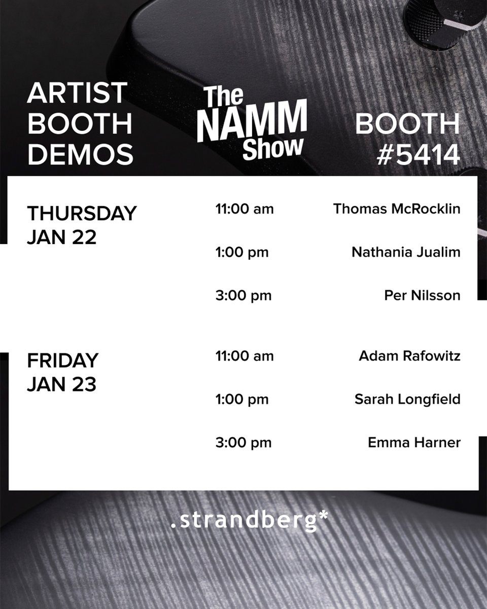 strandbergGuit's tweet image. Join us at @NAMMShow at the Strandberg Guitars Booth #5414 (Hall D) for exclusive artist demos, the .strandberg* Open Stage Jam, and more! 🎸🤝

#strandberg #namm