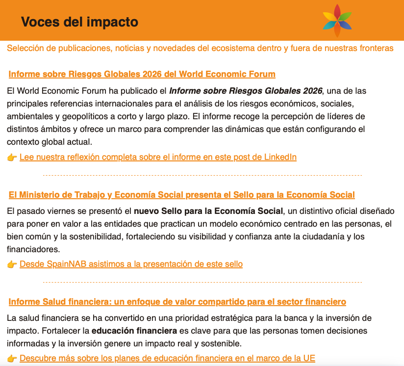 SpainNAB's tweet image. 🗞️ La primera newsletter de 2026: Pausa y acción
Con enero lanzado como primera etapa de un año retador para #InversióndeImpacto, llega una nueva edición de #PanoramadeImpacto, la newsletter de #SpainNAB en la que repasamos actualidad  #EconomíadeImpacto✏️linkedin.com/feed/update/ur…