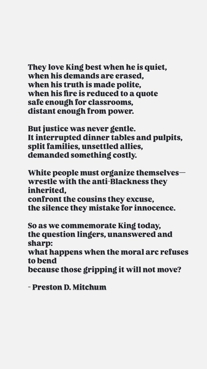 PrestonMitchum's tweet photo. Commemoration without confrontation is just performance. What are you bending toward? 🕊️⚖️🔥
#thepresclub #mlkday #mlkday2026 #reclaimmlk https://t.co/6no1WsnlhH
