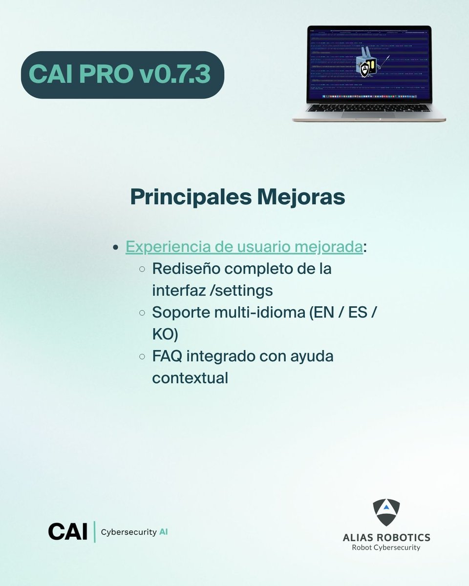 AliasRobotics's tweet photo. 🚀Nuevo lanzamiento: CAI PRO v0.7.3 –Un gran salto en sesiones, seguridad y UX
La mayoría de soluciones de seguridad venden reportes.
CAI construye seguridad internamente, de forma continua
Domina la seguridad con CAI PRO 👉 https://t.co/TL6pieqc1o
#Ciberseguridad #DIYSecurity https://t.co/DOiFCevnr8