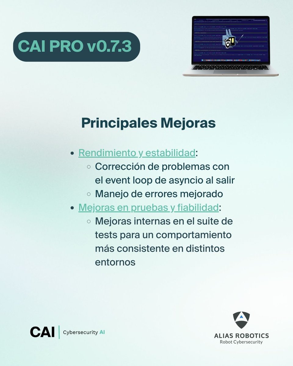 AliasRobotics's tweet photo. 🚀Nuevo lanzamiento: CAI PRO v0.7.3 –Un gran salto en sesiones, seguridad y UX
La mayoría de soluciones de seguridad venden reportes.
CAI construye seguridad internamente, de forma continua
Domina la seguridad con CAI PRO 👉 https://t.co/TL6pieqc1o
#Ciberseguridad #DIYSecurity https://t.co/DOiFCevnr8