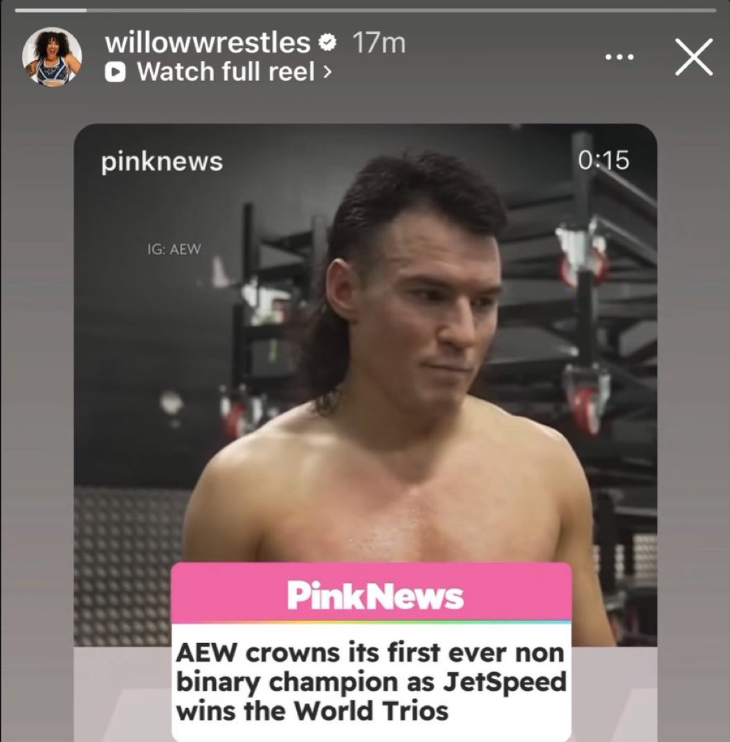 Kephfas's tweet image. Willow celebrating the first “non-binary champion” in SpeedBall, who identifies as a he/them. It’s basically the entire promotion that’s like this, one way or another.