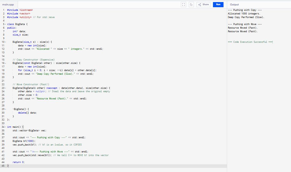 hjalindre33's tweet photo. Day 29 C++: Mastered std::move! 🏎️
Swapped O(n) deep copies for O(1) pointer steals. Lightning-fast performance using Move Semantics. ⚡💨
#cpp #100DaysOfCode #codin https://t.co/qA3ToHMMZA