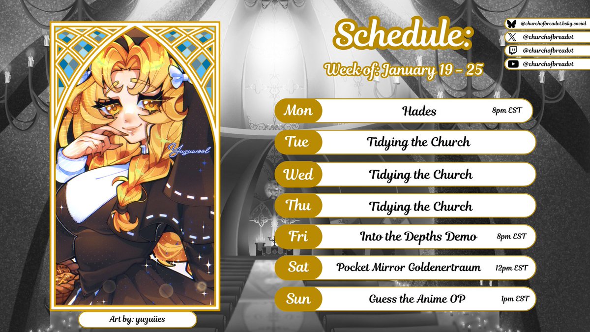 We've got a new schedule fresh out of the oven! 🍞

Monday (tonight): Return to the Underworld to escape our dad!

Friday: Delving into a new game demo by <a href="/SmelJey/">SmelJey</a>! 

Saturday: Trying to remember who we are in a midst of uncertainty!

Sunday: Try our best at remembering anime