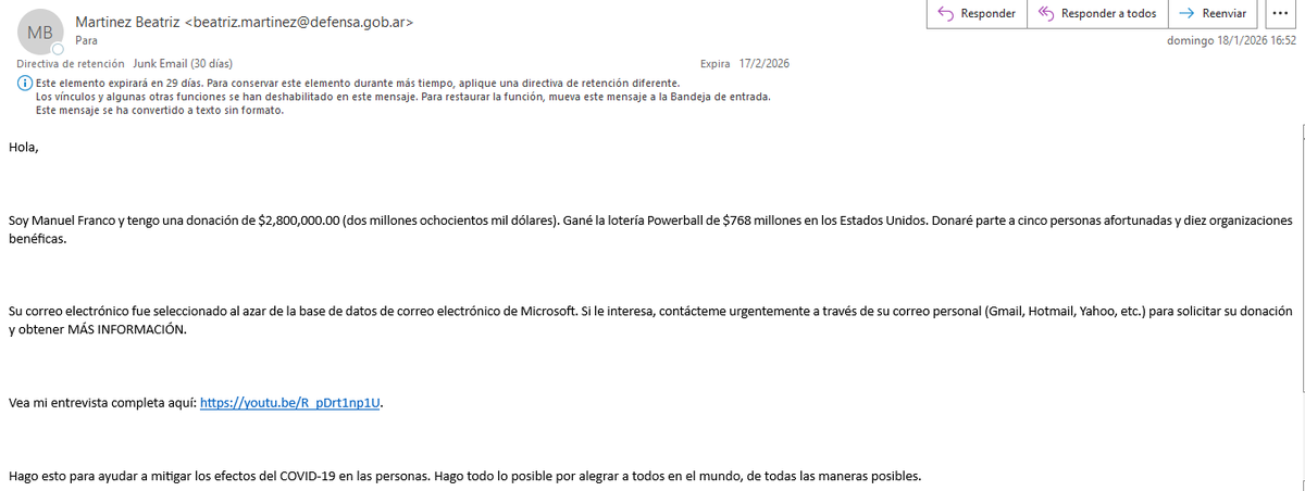 Que grande la gente de Defensa que cae en estafas y después les usan el mail para hacer phishing.