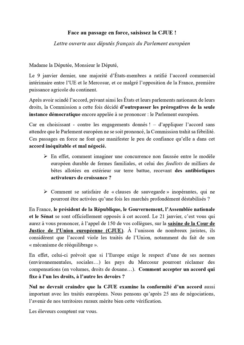 📣 Lettre ouverte aux parlementaires européens : Face au passage en force du #Mercosur, saisissez la <a href="/CourUEPresse/">Cour de justice UE</a> !
Les éleveurs seront présents à Strasbourg les 20 et 21 janvier 🐂