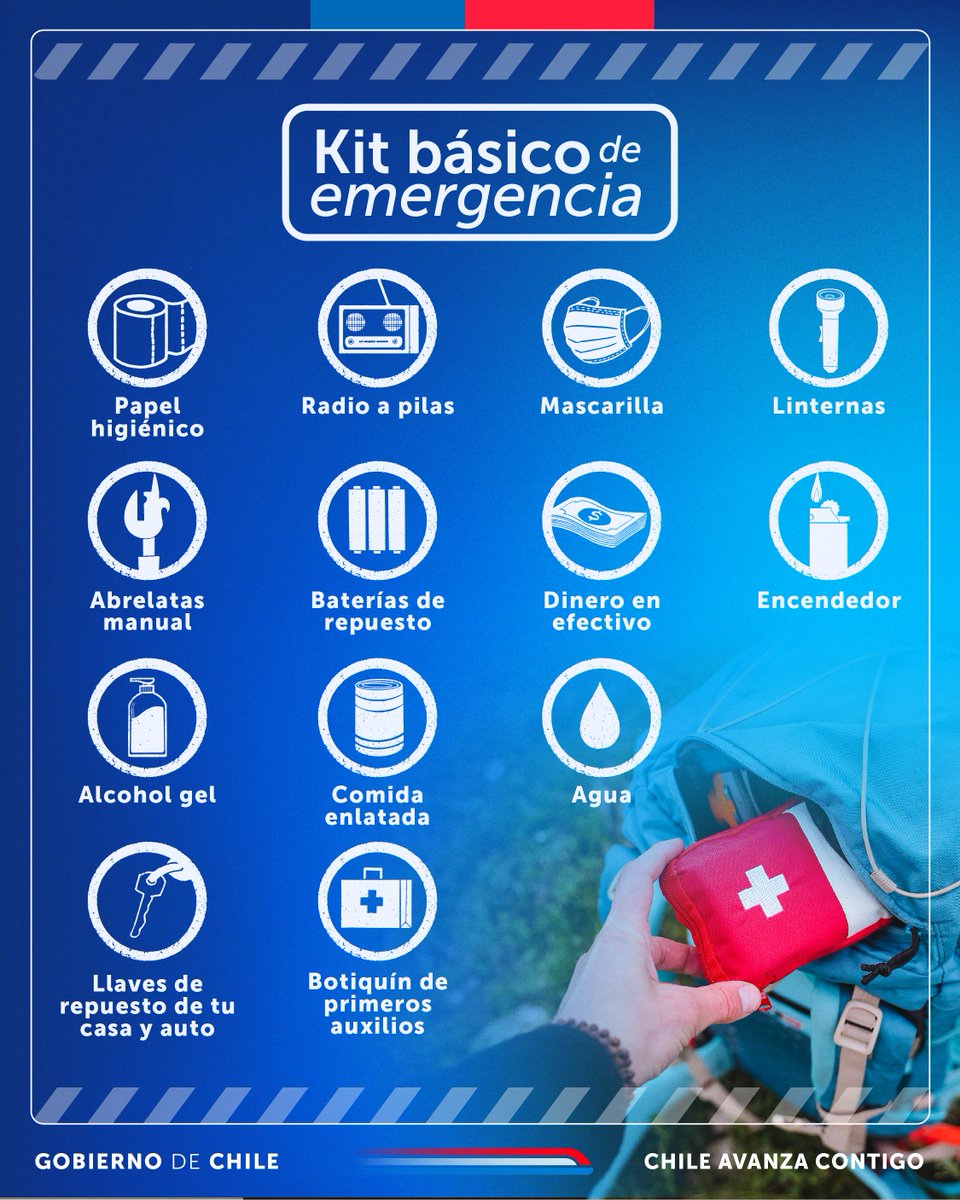 GobiernodeChile's tweet image. Recuerda siempre tener tu kit de emergencias a mano y adaptarlo según las necesidades de tu familia. Mantente informado por los canales oficiales de @senapred. Si recibes una alerta SAE, evacúa y sigue las instrucciones de las autoridades.