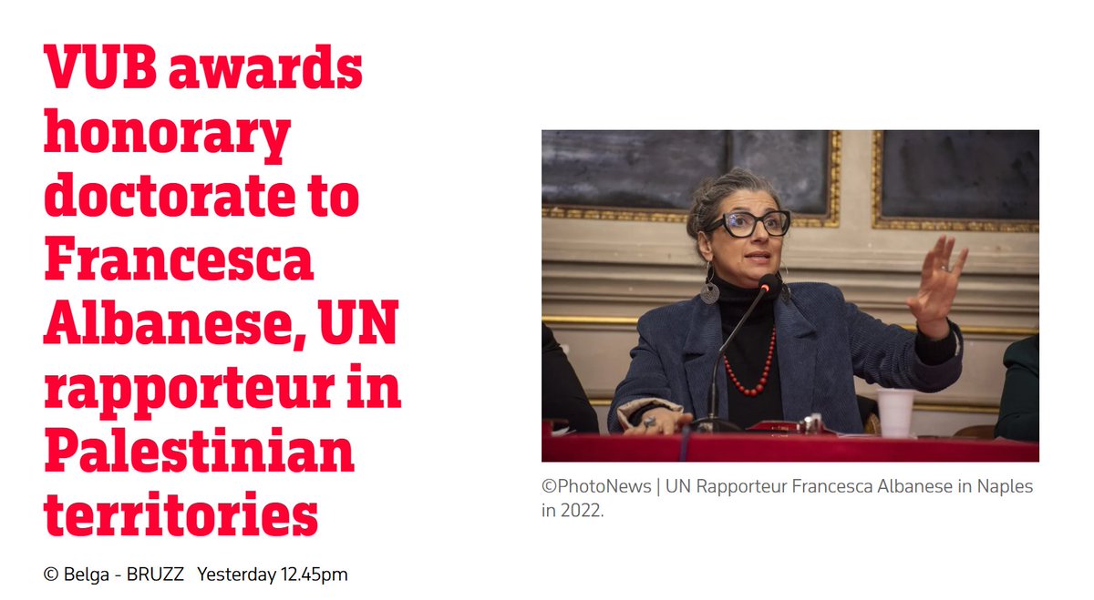 AJCTAI's tweet image. Shame on Vrije University #Brussel, The #Gent University and the #Antwerpen University for granting an honorary doctorate to Francesca Albanese. Honoring her legitimizes hate, incitement, and antisemitism. An educational institution should promote facts, tolerance, and critical