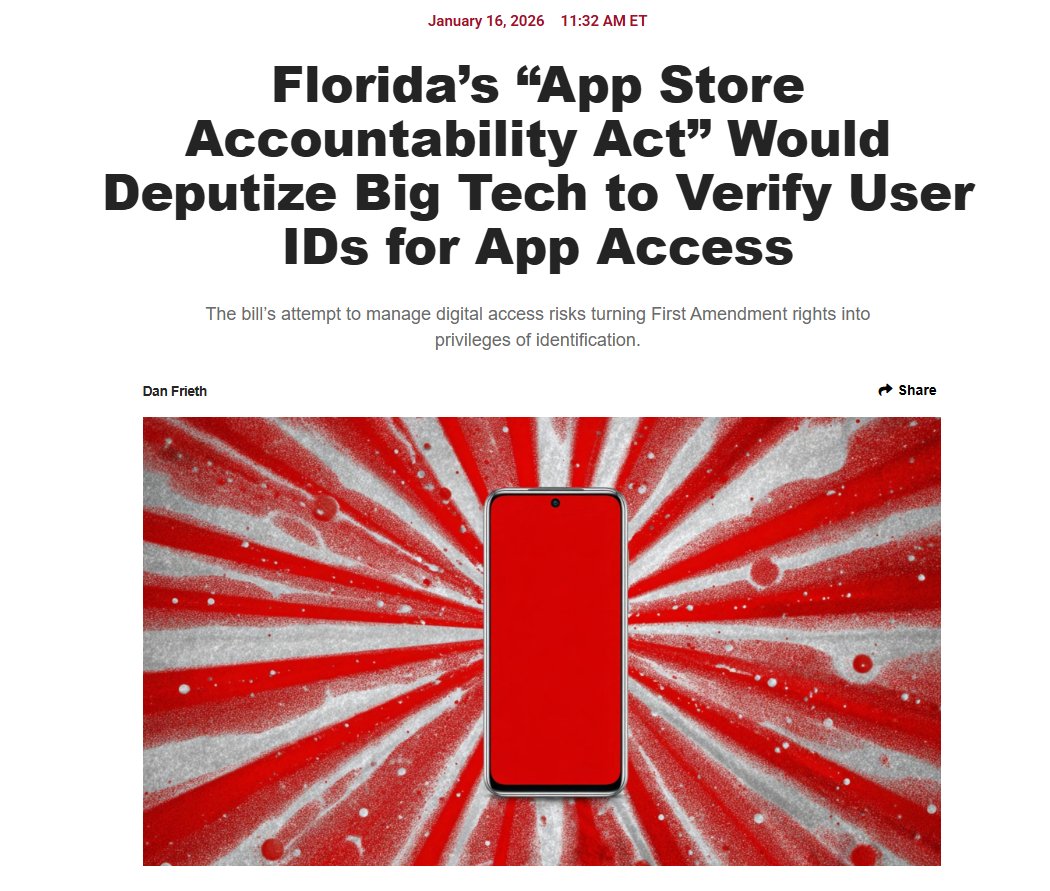 brian_lenney's tweet photo. Hey @AlexisMCalatayu @FLSenate 

Senator Calatayud, you're about to require government ID verification to use apps on your phone...

You know who absolutely loves this bill?

Grindr, Pornhub, and Meta.

If you do this, you're making app store providers build a massive identity verification database while the ones causing the problem get a pass (zero new restrictions on what Meta's algorithm does). Why give Meta et al a liability shield? "The parent approved the download, not our problem what happens after that."

And you're creating infrastructure that maps every Floridian's app usage to their verified government ID. That database is permanent and searchable. And databases get hacked.

Australia just did this in December. Go look at what's happening there now with their digital tracking systems. They don't stay limited to "protecting kids" - they expand.

Once you build verification infrastructure, you don't control how it gets used later. Law enforcement wants access to see who's using which apps? Future legislature decides political organizing needs monitoring? The system you're authorizing makes that possible.

Idaho killed this a few times, you should follow suit.

Your bill protects the companies creating harm. Worse, you're building surveillance infrastructure that benefits them while they keep serving algorithmic poison to kids.

This is corporate warfare dressed up as safety legislation, and Florida gets stuck with a surveillance database.

Kill this bill.

Because once you authorize this system, you can't dismantle it later.

#AppStoreAccountability