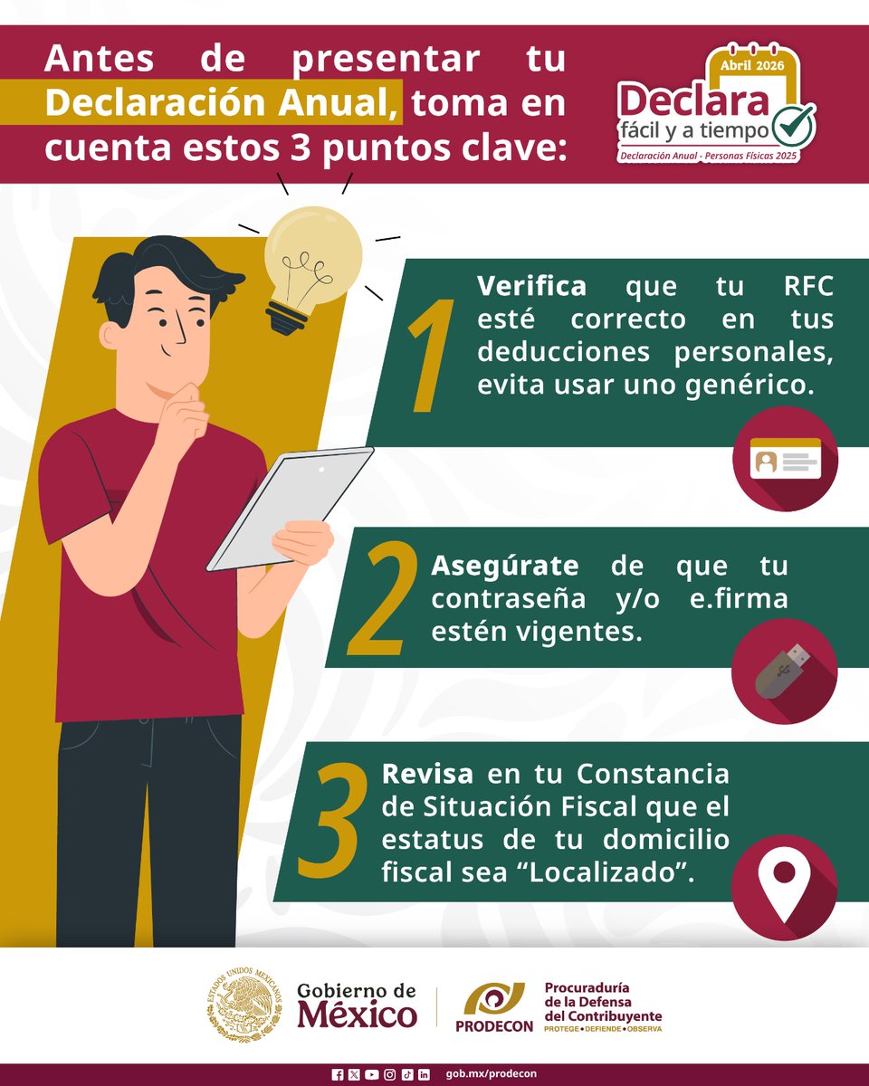 ProdeconMexico's tweet image. ¡No esperes hasta abril para revisar tus deducciones personales! 🤓📆

Desde ahora puedes consultar y verificar la información de las deducciones personales que considerarás en tu #DeclaraciónAnual del ejercicio fiscal 2025; si detectas algún error, corrígelo a tiempo y evita…