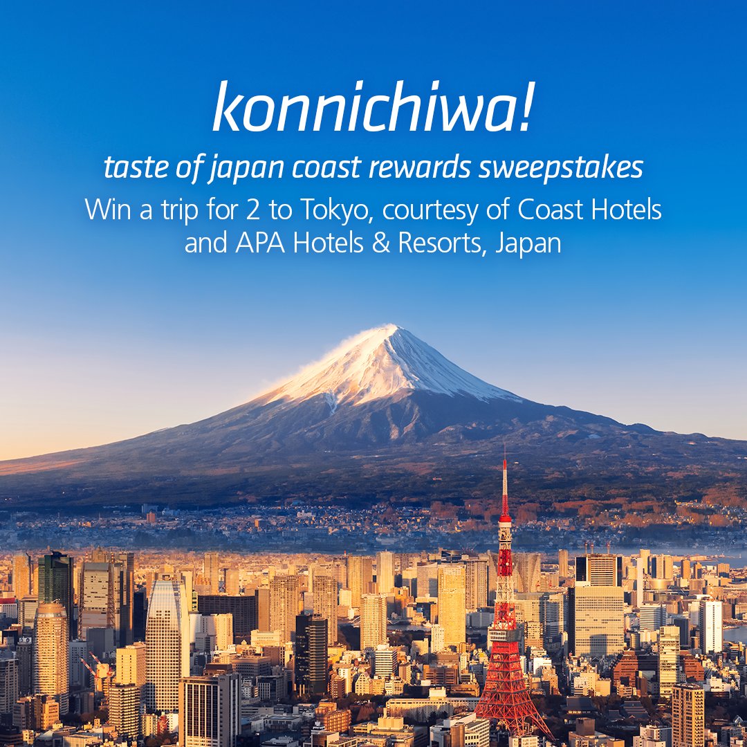 coasthotels's tweet photo. Tokyo is calling. 🇯🇵✈️

We’re bringing back one of our most-loved sweepstakes, and this year, it’s bigger than ever. Enter the Konnichiwa! Taste of Japan Coast Rewards Sweepstakes  for your chance to win - https://t.co/urEWj7M2ST

🎁 Plus, two more chances to win:
• 20,000 Coast Rewards points (2-night stay)
• 10,000 Coast Rewards points (1-night stay)

⏰ Enter before February 28, 2026.
Your Tokyo adventure could start today.