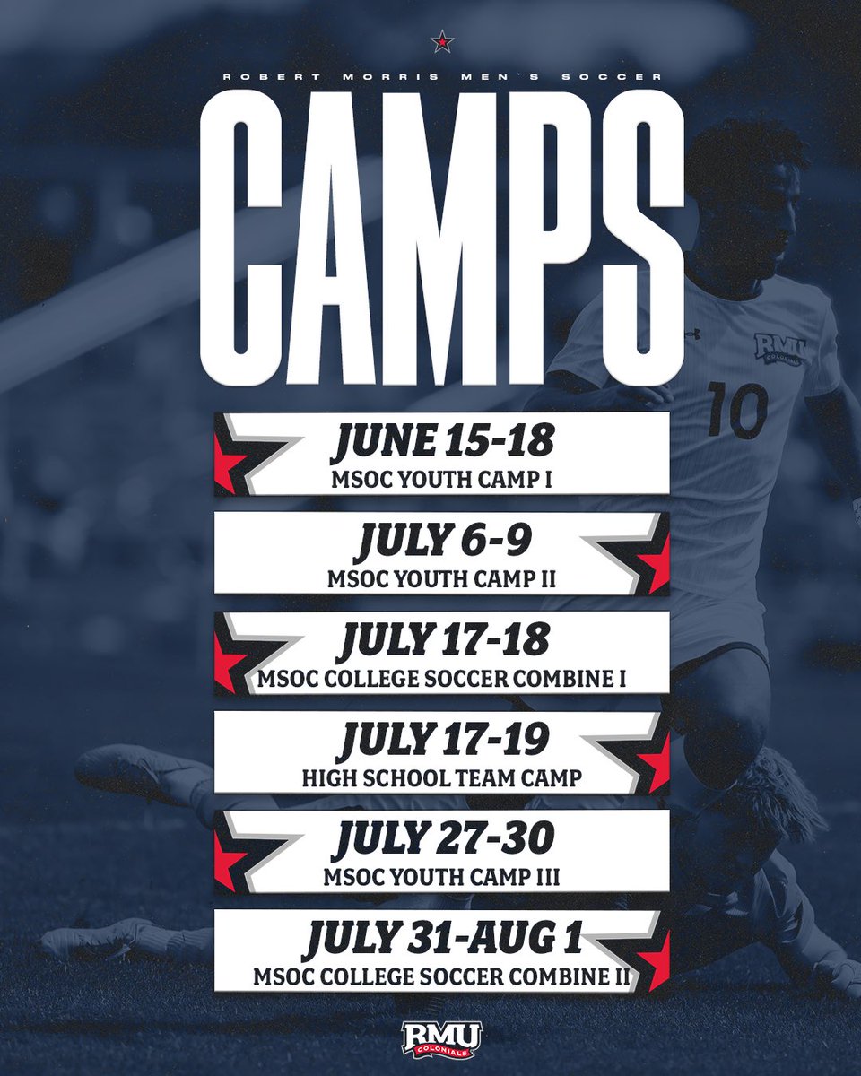 RMU Men’s Soccer Summer Camps are open! ⚽️

Youth Camps • HS Team Camp • College Soccer Combines

📍 RMU | Moon Township, PA

Limited spots available — register now:
👉 …tmorrismenssoccercamps.totalcamps.com

#RMUSoccer #SoccerCamp #CollegeSoccer