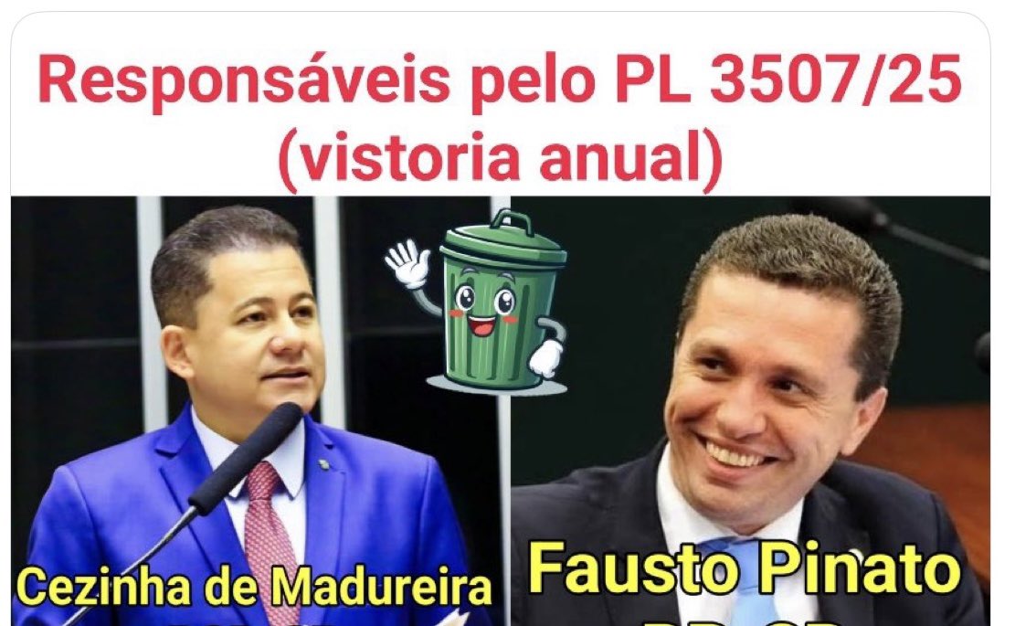 Wanderley's tweet image. VISTORIA - Esses são os dois  “atarefados” deputados federais que “inventaram “ o Projeto de Lei para criar a Vistoria Obrigatório de veículos /Anual com mais de 5 anos: 
Cezinha de Madureira (PSD-SP)
- **Base eleitoral principal**: Concentra-se na **Grande São Paulo** e na…