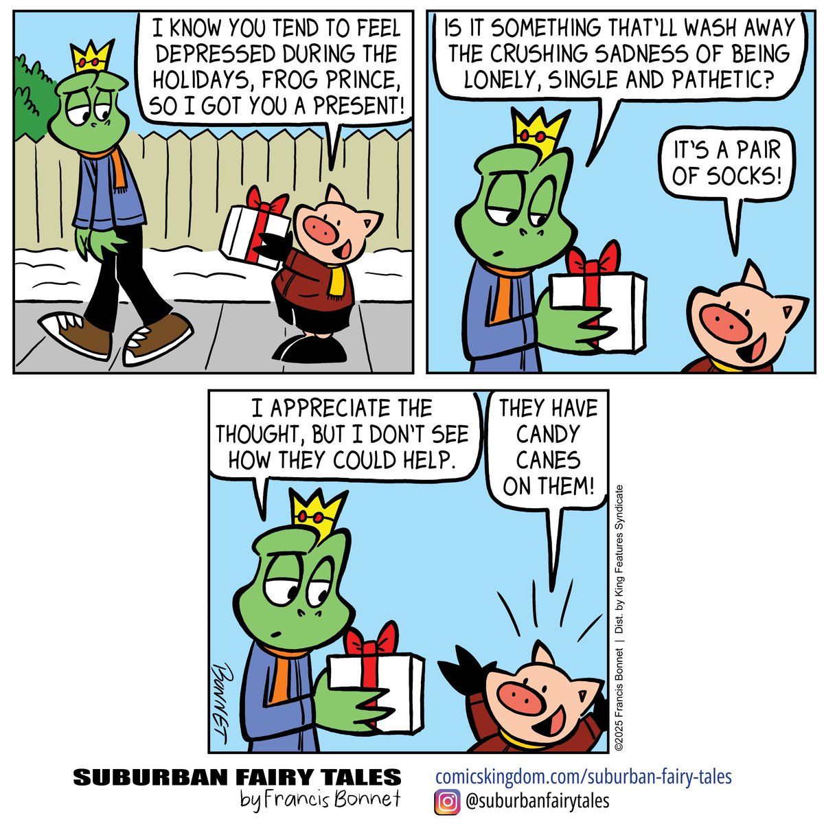 francisbonnet's tweet photo. Here's my last late holiday comic! My comics post first on Comics Kingdom, so if you don't want to wait you can read them early there! Link in bio!
#cartooning #comics #thislittlepiggy #fairytalescomics #humorcomics #dailycomics #webcomicseries #depressed #socks #heartwarming https://t.co/Zvavz9TBSH
