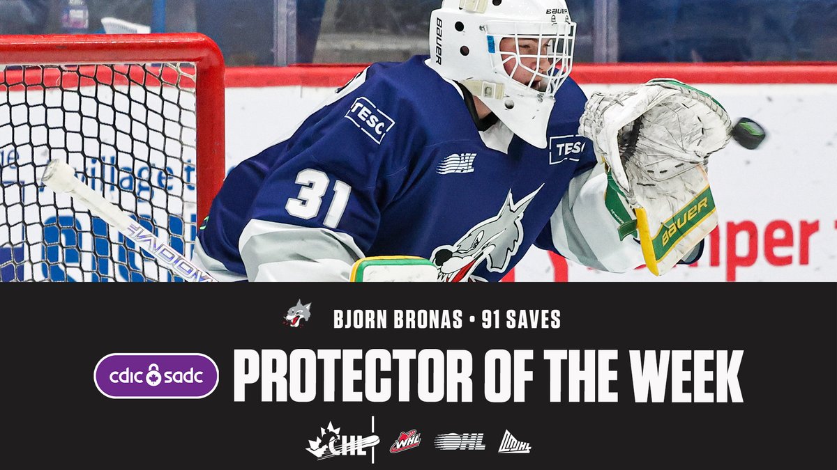 CHLHockey's tweet photo. 91-saves from the @Sudbury_Wolves' Bjorn Bronas last week earns him #CHLProtectoroftheWeek presented by
@CDIC_CA honours! https://t.co/sRp3s2EIKz