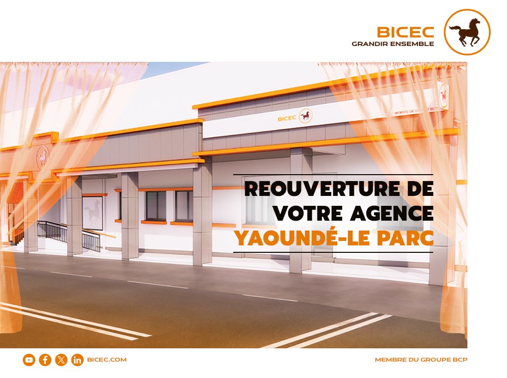BICEC_SA's tweet photo. [Réouverture de l'agence Yaoundé-Le Parc]

Bonne nouvelle !
Votre agence Yaoundé-Le Parc regagne ses locaux habituels.
Merci pour votre patience. Nous avons hâte de vous accueillir dans ce nouvel espace ! 
#BICEC https://t.co/2VHFjuVOaP