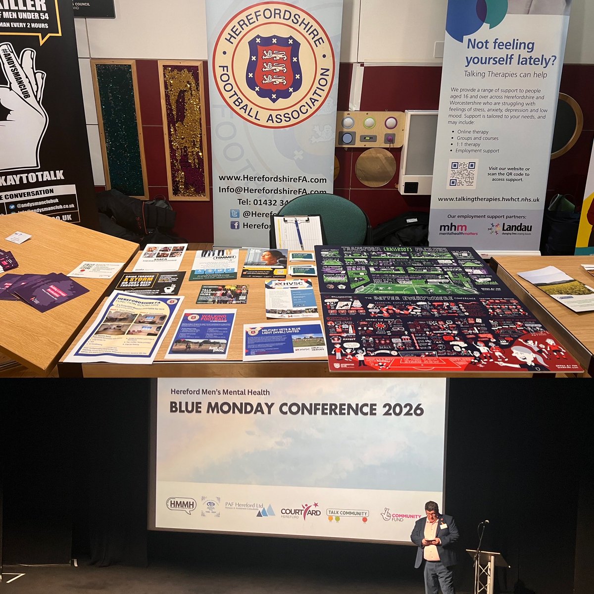 HerefordshireFA's tweet photo. Today we attended the Hereford Men’s Mental Health (HMMH) Blue Monday Conference at the Courtyard Theatre

Inspiring speakers including Monty Don, Ash Winter, Dr Christina Wilkins &amp; Emily Jones (We Are Farming Minds)

A powerful platform for men’s mental health in Herefordshire https://t.co/j3sijJGfA1