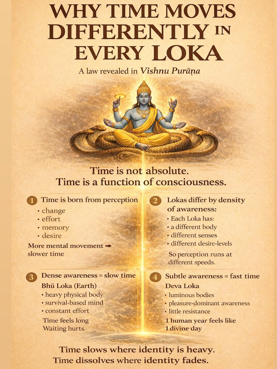 Geetashloks's tweet image. According to Vishnu Purana, time is not an external force flowing uniformly across the universe.

It is a by-product of consciousness itself.

Time is measured through change, effort, memory, and desire.

Where mental movement is dense, time feels slow.

Where awareness is…