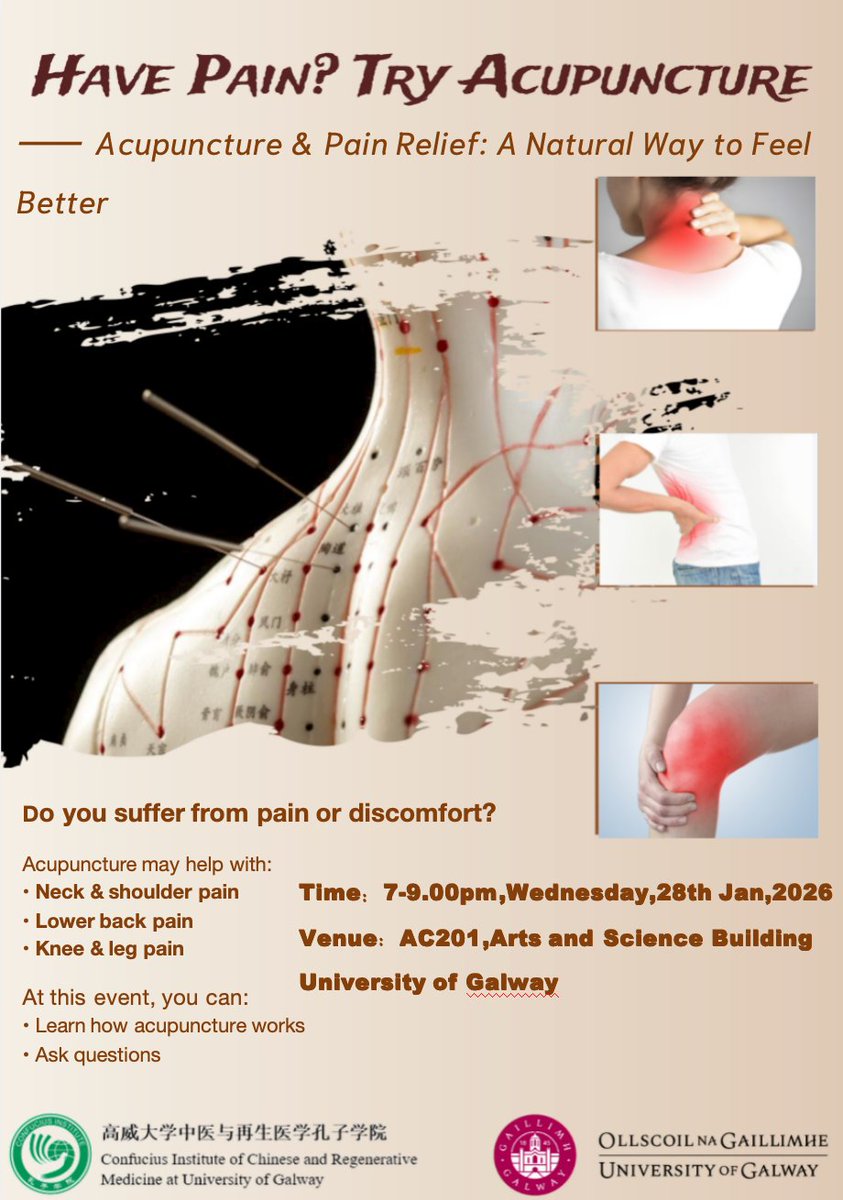 ConfuciusInst13's tweet photo. Public Information Seminar being hosted by the Confucius Institute of Chinese and Regenerative Medicine at the University of Galway. Learn how Acupuncture works, get to ask questions to a Native Chinese Professor in Acupunture Prof Ren Li https://t.co/iFa5iaiLBM