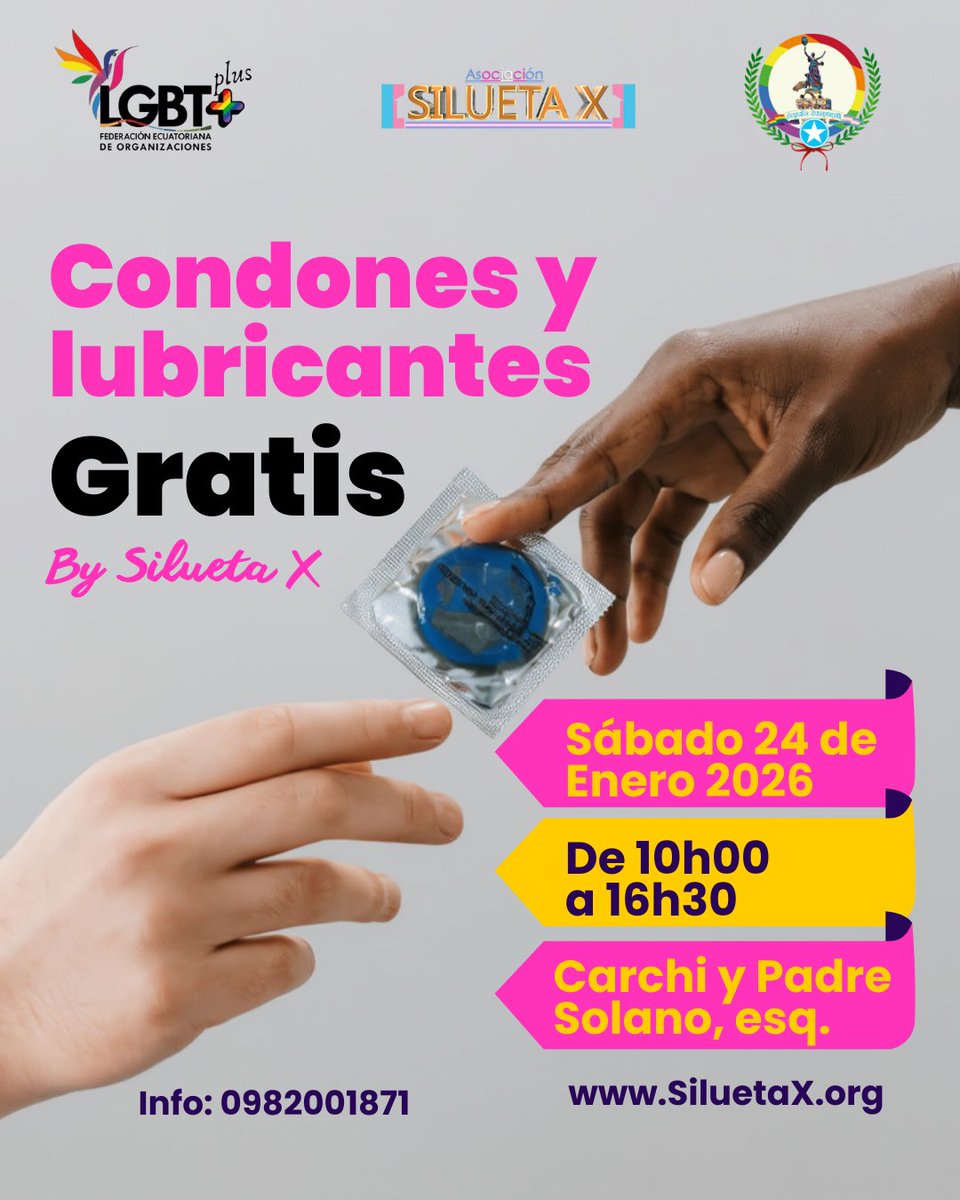 ¿Plan para el sábado? 🗓️ Antes de cualquier salida, ¡pásate por Silueta X!

Vamos a estar entregando condones y lubricantes gratis para que te cuides y cuides a los tuyos.

📍 Carchi y Padre Solano.
🕙 10h00 a 16h30.
¡No te duermas, la prevención es el mejor outfit! 💅🏳️‍⚧️🏳️‍🌈