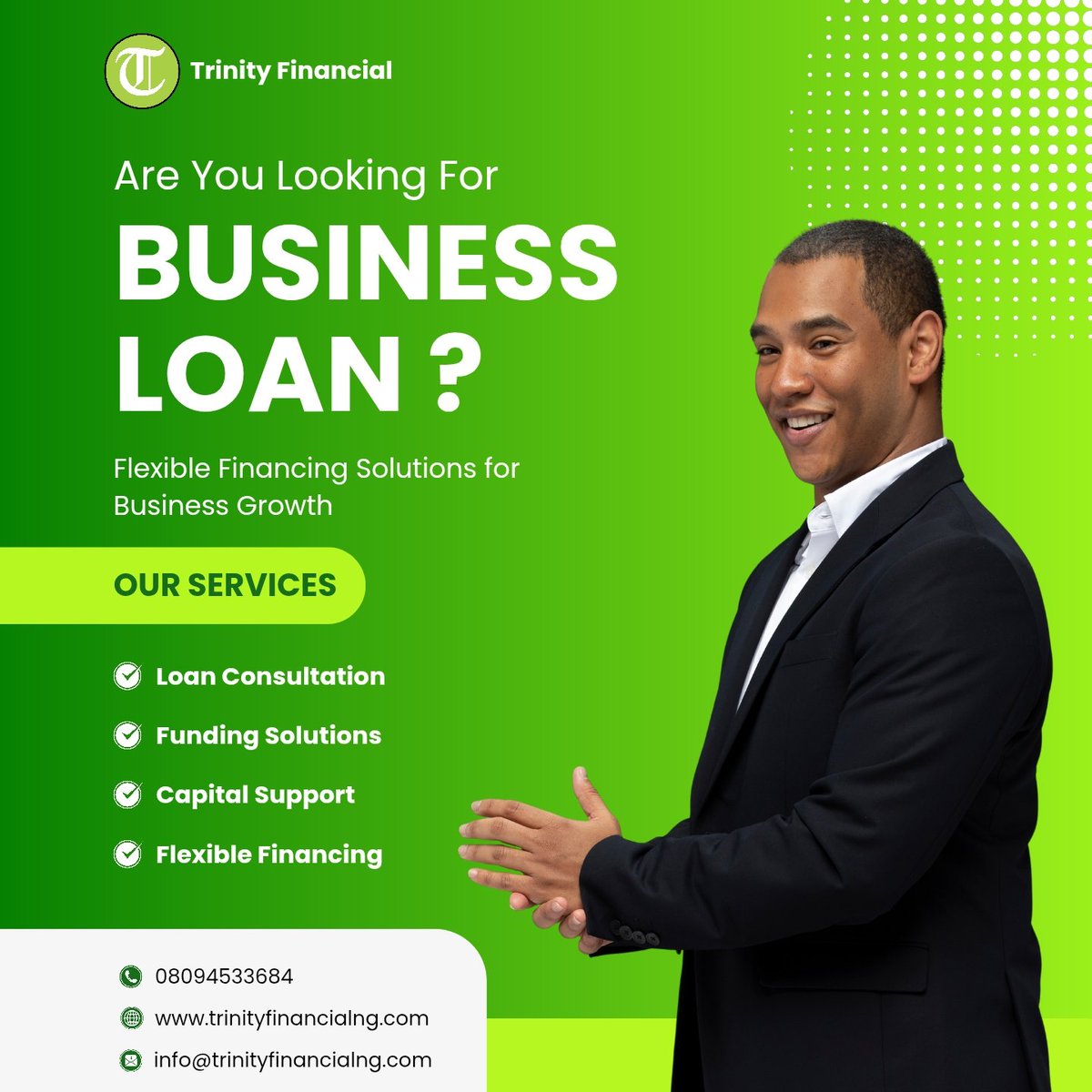 TrinityFinancia's tweet photo. Are you looking for a business loan?
Access flexible financing tailored to support your business growth.
At Trinity Financial, we help you move from plans to profits.

Contact Us Today!

#TrinityFinancial #business #lagosnigeria https://t.co/VeiC2Uz39g