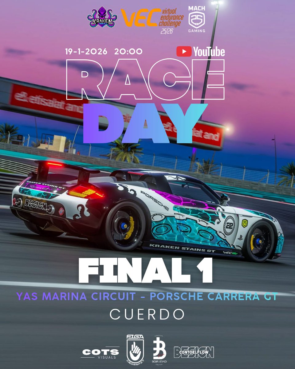 🏁Virtual Endurance Challenge🏁

📍 Final 1 VEC <a href="/Mach25Gaming/">Mach25 Gaming</a>

🐙 <a href="/KRK_cuerdo1505/">Efram Álvarez</a>

🇦🇪 Yas Marina Circuit

🚗 Porsche Carrera GT
🖌 <a href="/Con_ToEl_Flow/">ConToelFlow_Designs</a>

🖼 <a href="/KRK_Aitorcota/">Aitorcota</a>

🕤 20:00 
🎥 youtube.com/@Mach25Gaming