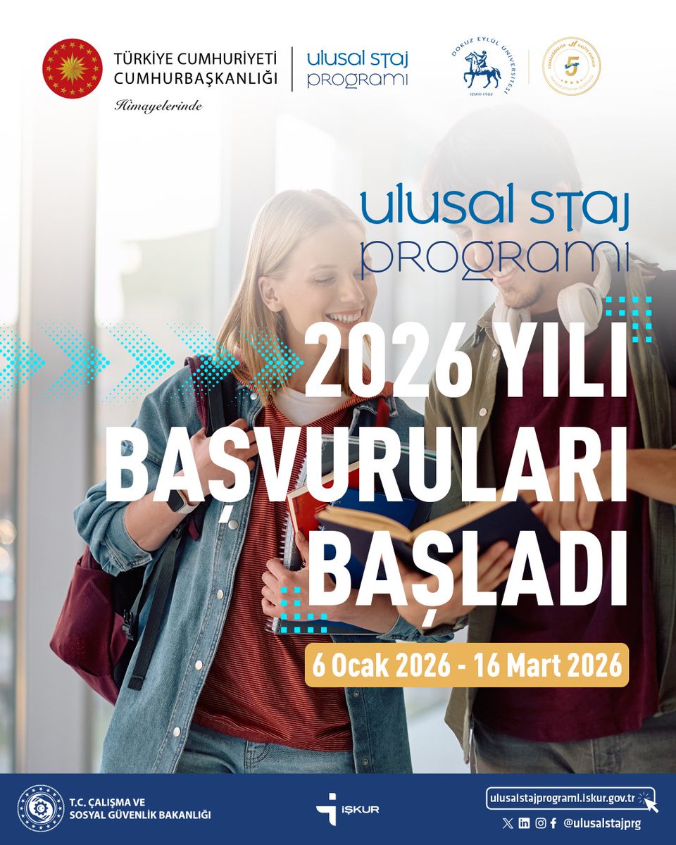 Cumhurbaşkanlığı himayelerinde İŞKUR koordinasyonunda Ulusal Staj Programı başvuruları başladı! 🚀

Geleceğin için hemen başvur:
🔗 ulusalstajprogrami.iskur.gov.tr

🗓 Son Başvuru: 16.03.2026

<a href="/csgbakanligi/">T.C. Çalışma ve Sosyal Güvenlik Bakanlığı</a>
@turkiyeiskurumu
<a href="/ulusalstajprg/">Ulusal Staj Programı</a>

#ulusalstajprogramı #USP #staj #stajfirsati