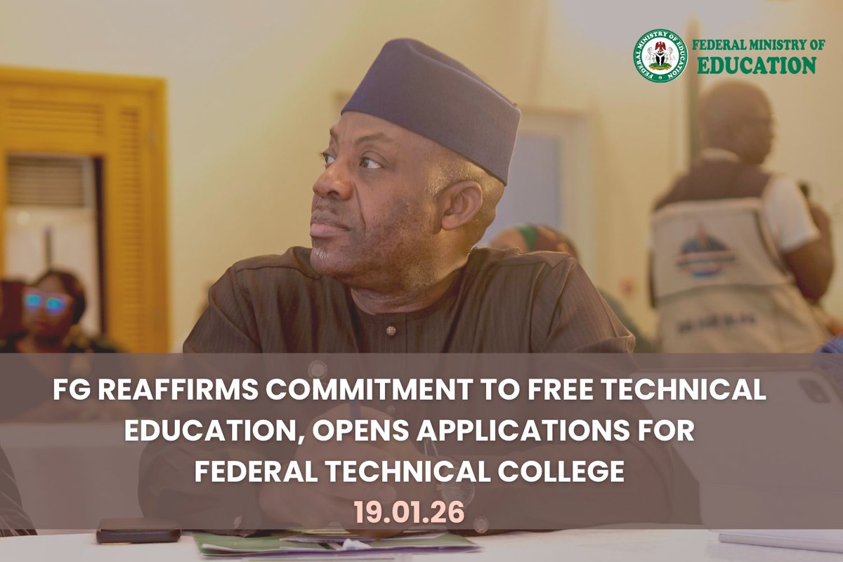DrTunjiAlausa's tweet photo. In line with the Renewed Hope education agenda of His Excellency President @officialABAT, GCFR, 
I am proud to announce the opening of applications into Federal Technical Colleges across Nigeria — advancing free, skills-driven education for our youths. 

Applications open on Monday 26 January 2026 via https://t.co/ew5e4eMBr2.