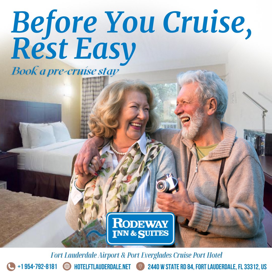 RodewayFLL's tweet photo. Start your cruise well-rested 🛳️ Enjoy free airport &amp; cruise port shuttle, on-site dining, and comfy rooms before you sail out of Port Everglades.
#PreCruiseStay #PortEverglades #CruiseReady #TravelEasy #RodewayInnSuites https://t.co/iQne1rXOGC