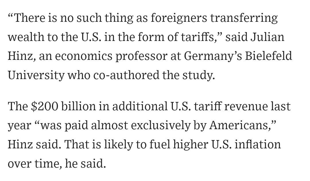 scottlincicome's tweet image. New research from the Kiel Institute for the World Economy analyzed $4T of shipments between Jan 2024 and Nov 2025, and found that American companies &amp;amp; consumers absorbed 96% of the burden of US tariff increases: wsj.com/economy/trade/…