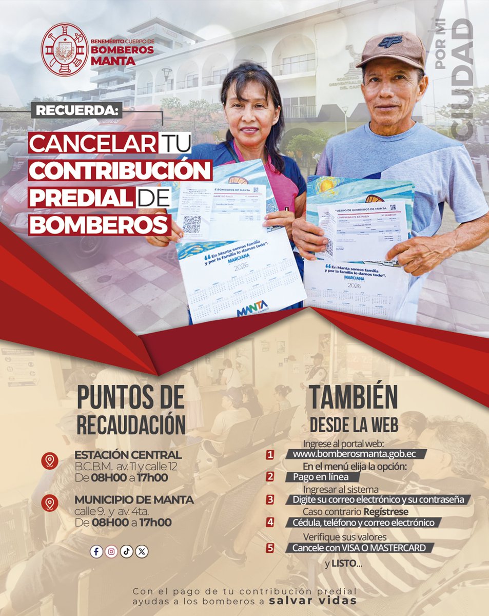 Con el pago de tu contribución predial de bomberos, nos ayudas a seguir salvando vidas y protegiendo bienes.
#BomberosManta