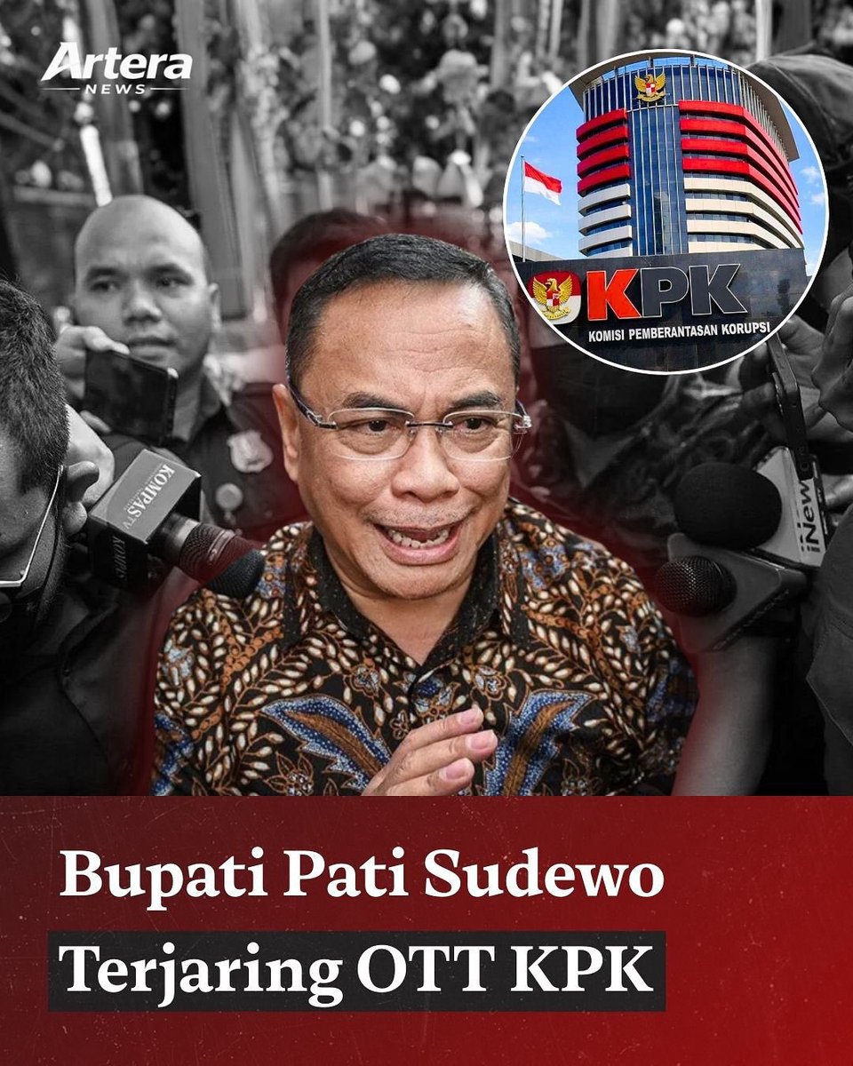 arteranews's tweet photo. Pada 18 Januari 2026, Bupati Pati, Sudewo, terjaring dalam operasi tangkap tangan (OTT) yang dilakukan oleh Komisi Pemberantasan Korupsi (KPK) terkait dugaan tindak pidana korupsi. https://t.co/92ABJKMosn