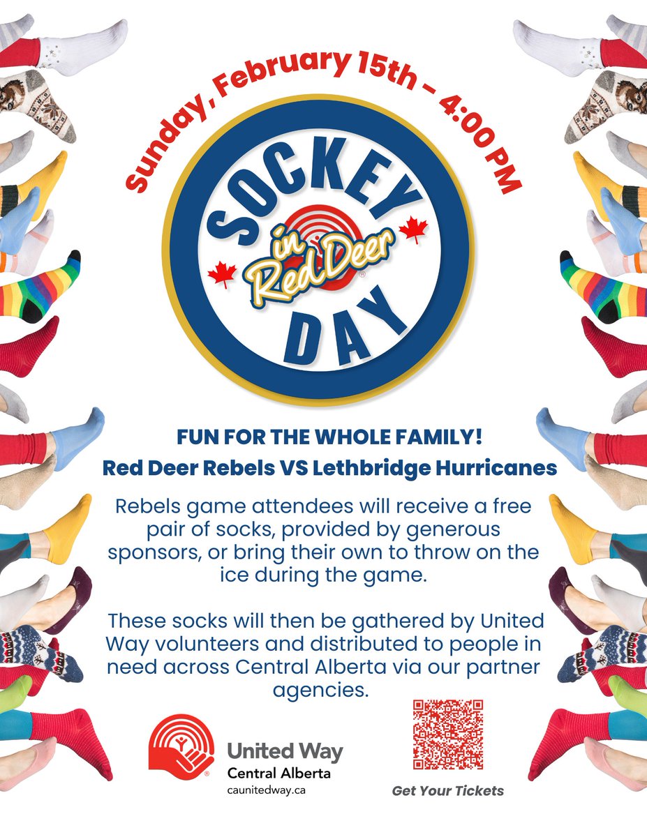 We're a proud '𝗦𝗼𝗰𝗸 𝗗𝗿𝗼𝗽' location again for 𝐒𝐨𝐜𝐤𝐞𝐲 𝐃𝐚𝐲 𝐢𝐧 𝐑𝐞𝐝 𝐃𝐞𝐞𝐫

It's happening on Sunday, Feb. 15th at the <a href="/Rebelshockey/">Red Deer Rebels</a> and <a href="/WHLHurricanes/">Lethbridge Hurricanes</a> game. 

We'll be collecting socks until Feb. 9th - pop by and drop off some brand-new socks for those in need