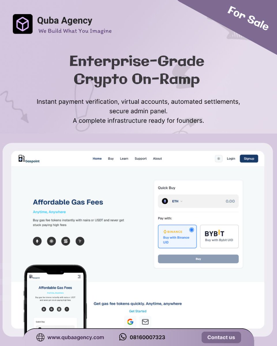 qubaagency's tweet photo. @fatuogwuche Fully production ready crypto onramp platform available for purchase 🔥 https://t.co/2u13bsKff8