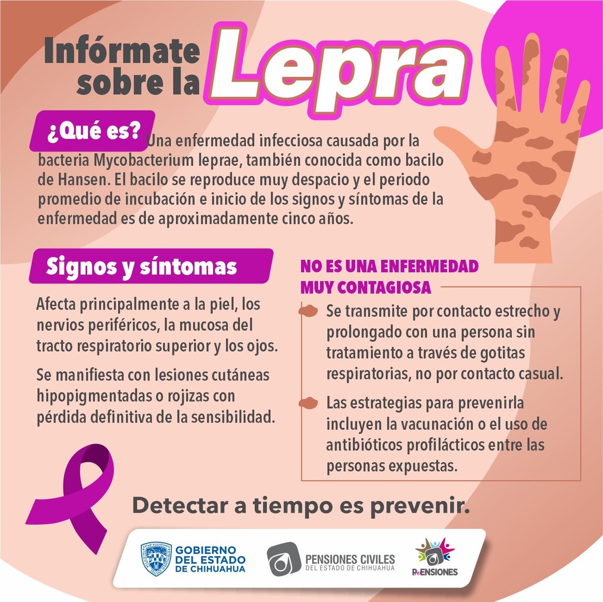 La lepra es una enfermedad que aún existe y puede tratarse.

Identificar sus señales a tiempo y acudir a revisión médica permite un diagnóstico oportuno y un tratamiento adecuado.

Infórmate y ante cualquier duda, acércate a los servicios de salud.