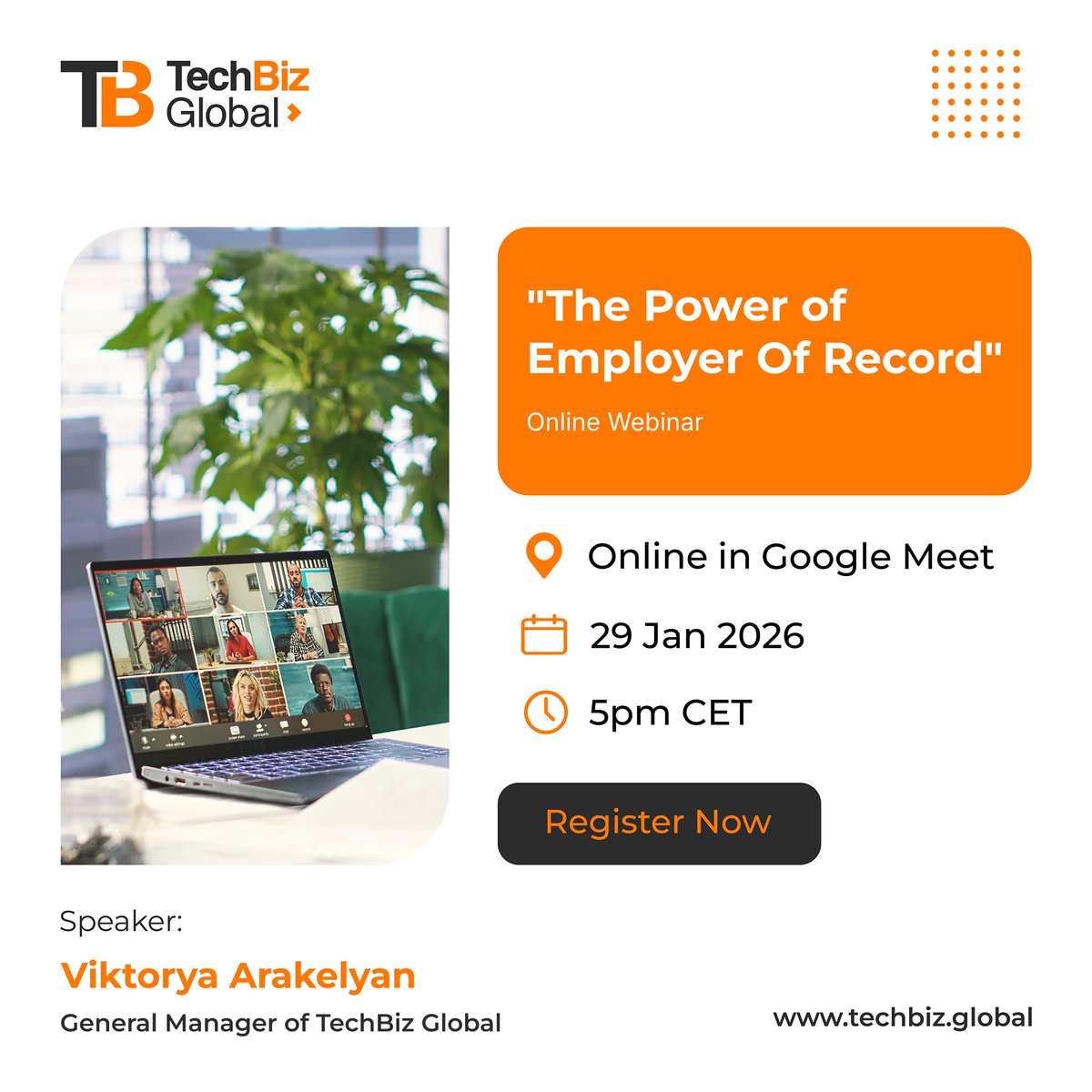 🌍 Hire top talent anywhere, fast &amp; compliant! Join TechBiz Global’s webinar on Employer of Record (EOR) &amp; discover how to build global teams without legal risk. 
🚀 Register now: luma.com/fsldlyt7
#GlobalHiring #EOR #TechBizGlobal #HRWebinar