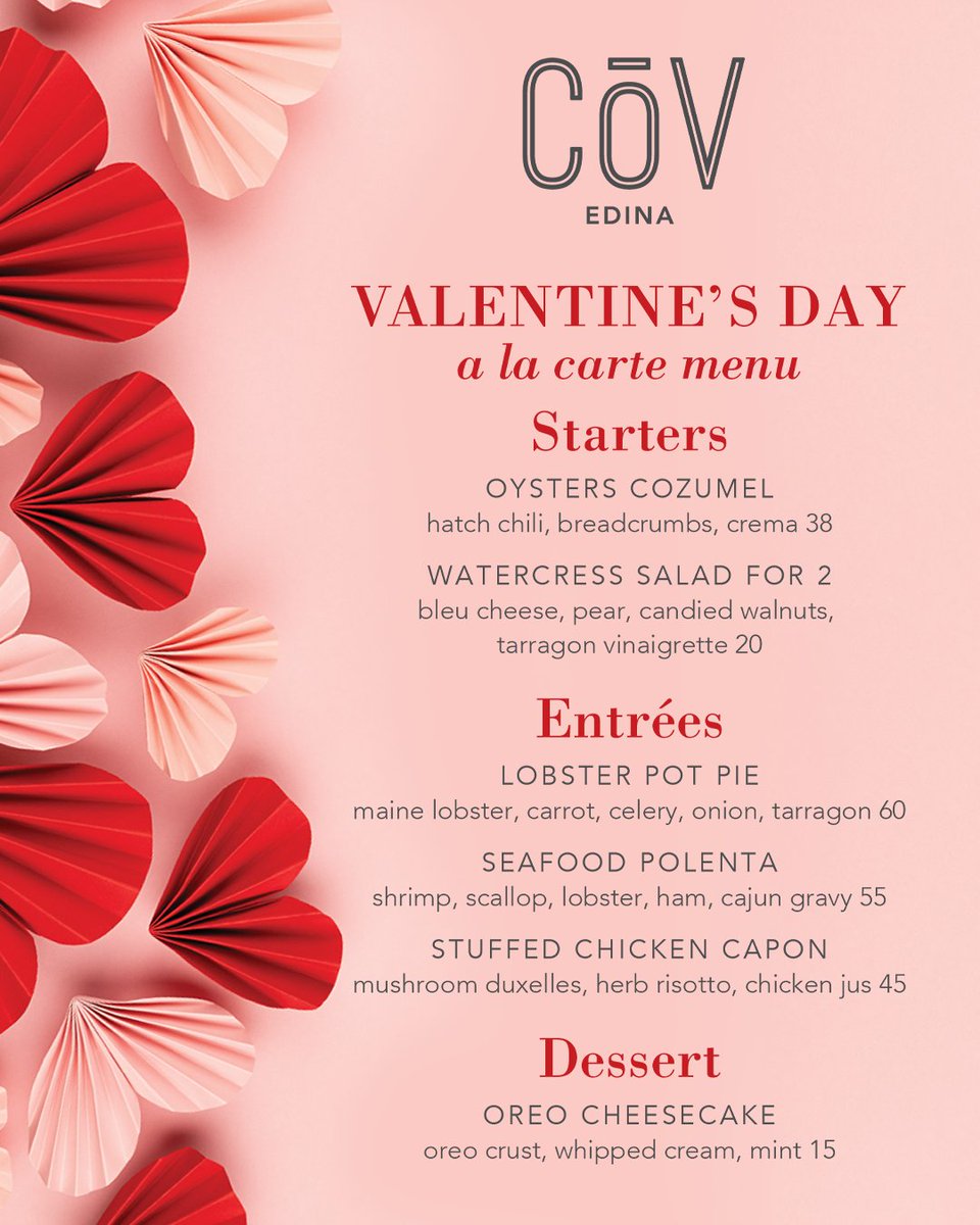 💕 Love is in the air! This Valentine’s Day, savor a special menu created by our chefs to make your date night effortlessly elegant, indulgent, and unforgettable.

💖 Now accepting dinner date reservations. 952.999.4011

#LifeAtTheCoV #valentines