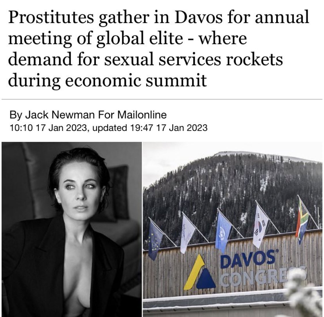 JamesMelville's tweet image. The WEF annual meeting begins in Davos today. Here’s a reminder that one particular profession benefits from this gathering of elites…

2023: “Prostitutes gather in Davos for annual meeting of global elite - where demand for sexual services rockets during economic summit.”