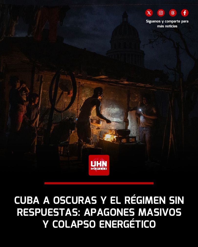 🇨🇺‼️ | Cuba volvió a quedar a oscuras tras más de seis horas sin luz en La Habana y un déficit eléctrico que roza los 1.900 MW, reflejo del colapso total del sistema energético. Sin combustible, con termoeléctricas averiadas y apagones fuera de control, la Isla comunista se hunde