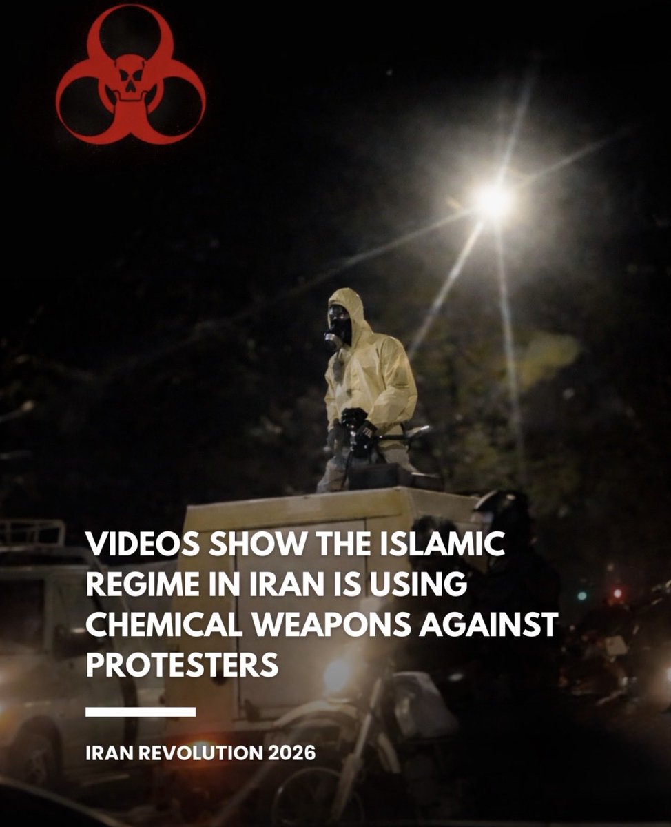 Videos from Iran show security forces in hazmat suits.
Reports say chemical weapons were used against peaceful protesters. Delayed poisonings, Civilians dying days later.
This is not crowd control, it is a crime against HUMANITY!
#IranRevolution2026
#ChemicalWeapons
#IranMassacre