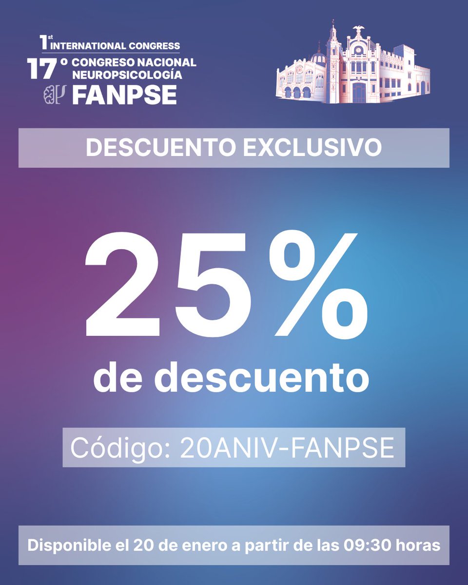 FANPSE's tweet photo. ⚠️ ¡Haremos un 𝗱𝗲𝘀𝗰𝘂𝗲𝗻𝘁𝗼 𝗲𝘀𝗽𝗲𝗰𝗶𝗮𝗹 𝗱𝗲𝗹 𝟮𝟱% en las primeras 20 nuevas inscripciones! Estará disponible mañana martes día 20 desde las 9:30 de la mañana, para las inscripciones de socios o estudiantes. Utiliza el siguiente código: 20ANIV-FANPSE https://t.co/hdTTA21jQW
