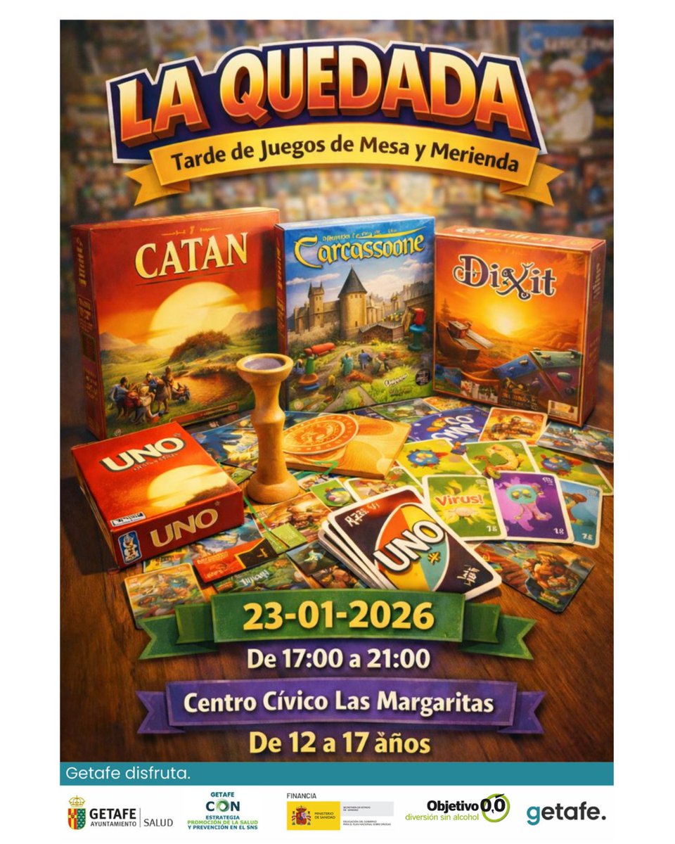 Si tienes entre 12 y 17 años, ven a disfrutar de una tarde de juegos de mesa (Uno, Dixit, Virus...) y merienda. 🃏✨ Con Findes a tu rollo.

📅 Viernes 23 de enero
🕔 17:00 a 21:00 h 
📍 Centro Cívico Las Margaritas 
✅ Entrada libre

<a href="/getafejoven/">GETAFE JOVEN</a> <a href="/aytogetafe/">Ayuntamiento Getafe</a>