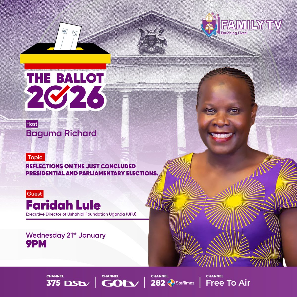 coufamilytv's tweet image. Reflection time on #TheBallot2026: How did the elections shape Uganda’s future? Tune in Wednesday 21 Jan, 9pm with our panel - Kazibwe Jamil, Faridah Lule, and Daniel Rugarama - and our host, @BagumaRT. 
Your questions, your voice. Live chat starts now! #UgandaDecides