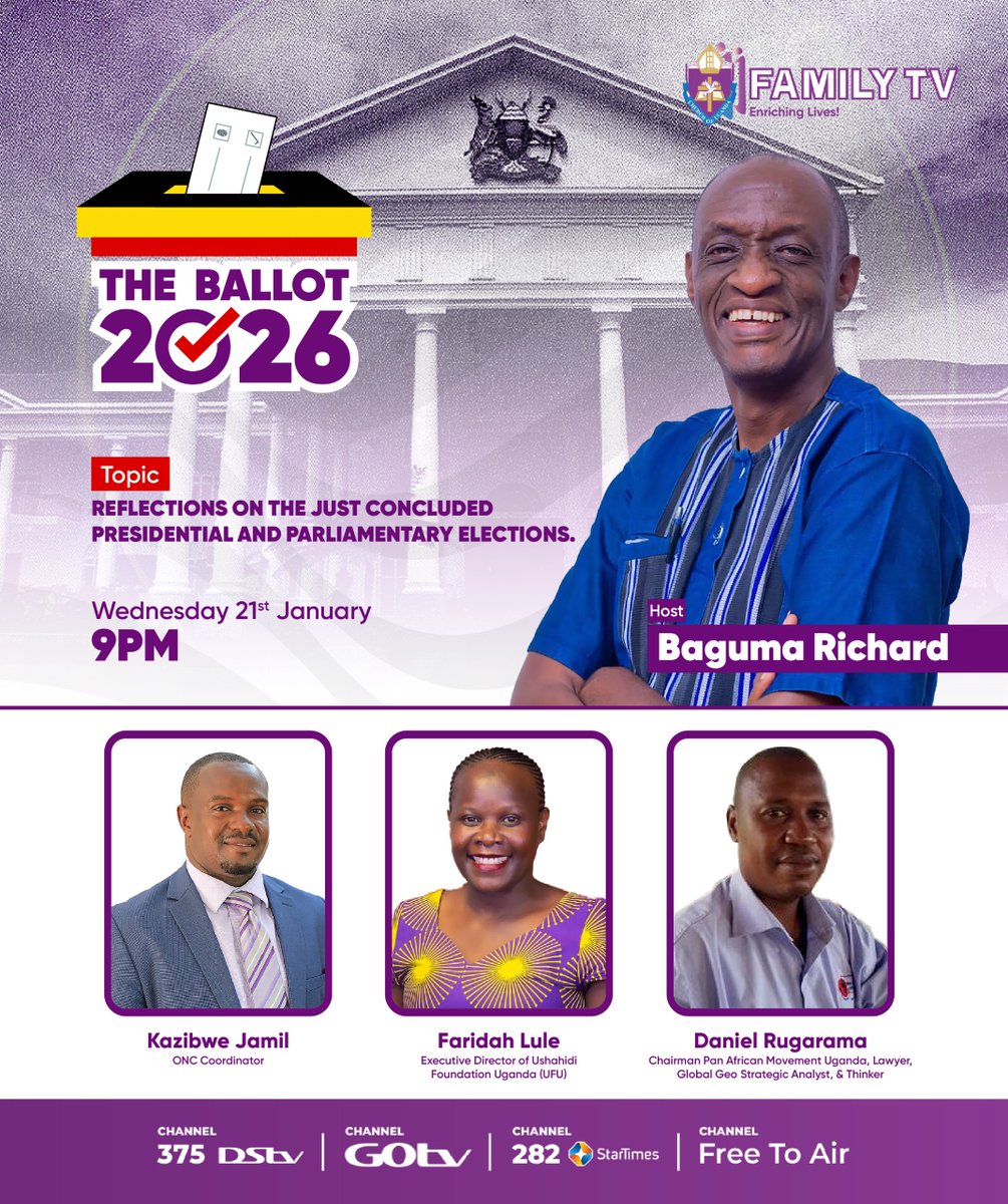 coufamilytv's tweet image. Reflection time on #TheBallot2026: How did the elections shape Uganda’s future? Tune in Wednesday 21 Jan, 9pm with our panel - Kazibwe Jamil, Faridah Lule, and Daniel Rugarama - and our host, @BagumaRT. 
Your questions, your voice. Live chat starts now! #UgandaDecides