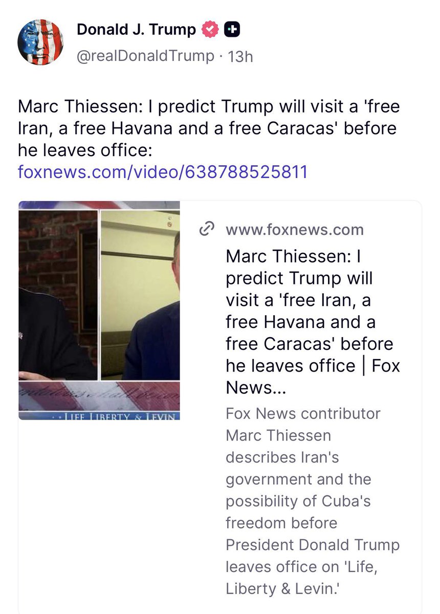 OrlvndoA's tweet image. 🚨 | Trump comparte un artículo que dice que visitará, antes de dejar su Gobierno, un Irán libre, una Habana libre y una Caracas libre.