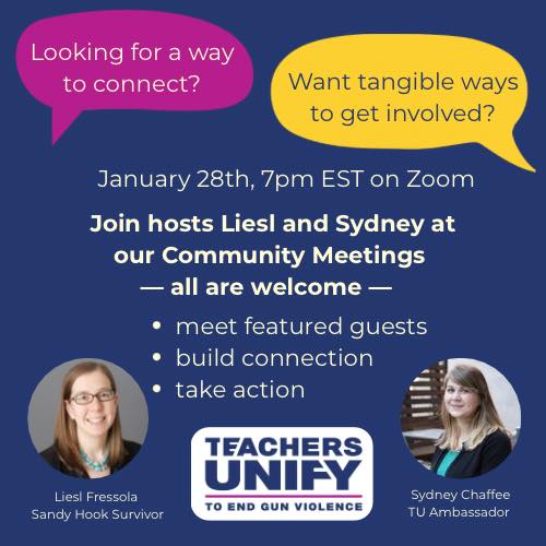 SydneyChaffee's tweet photo. Join me at a Teachers Unify Community Meeting on January 28th at 7pm EST! Register here: https://t.co/MMwDQ3evCz
Hope to see you there! 
#BooksNotBullets
#EndGunViolence
#SafeSchoolsSafeCommunities https://t.co/p0yRLVZxks