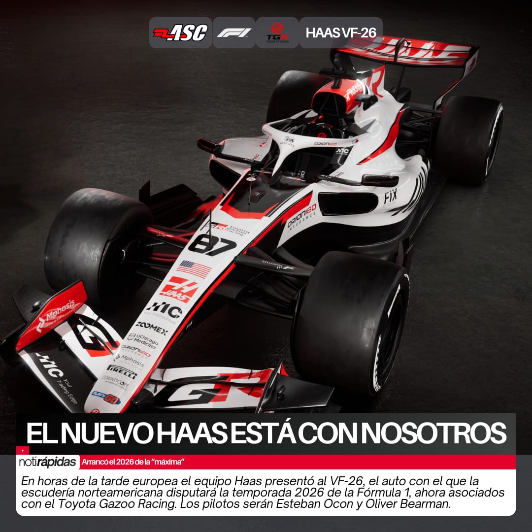 #F1 - EL NUEVO HAAS ESTÁ CON NOSOTROS

En horas de la tarde europea el equipo Haas presentó al VF-26, el auto con el que la escudería norteamericana disputará la temporada 2026, ahora asociados con el Toyota Gazoo Racing. Los pilotos serán Esteban Ocon y Oliver Bearman.
