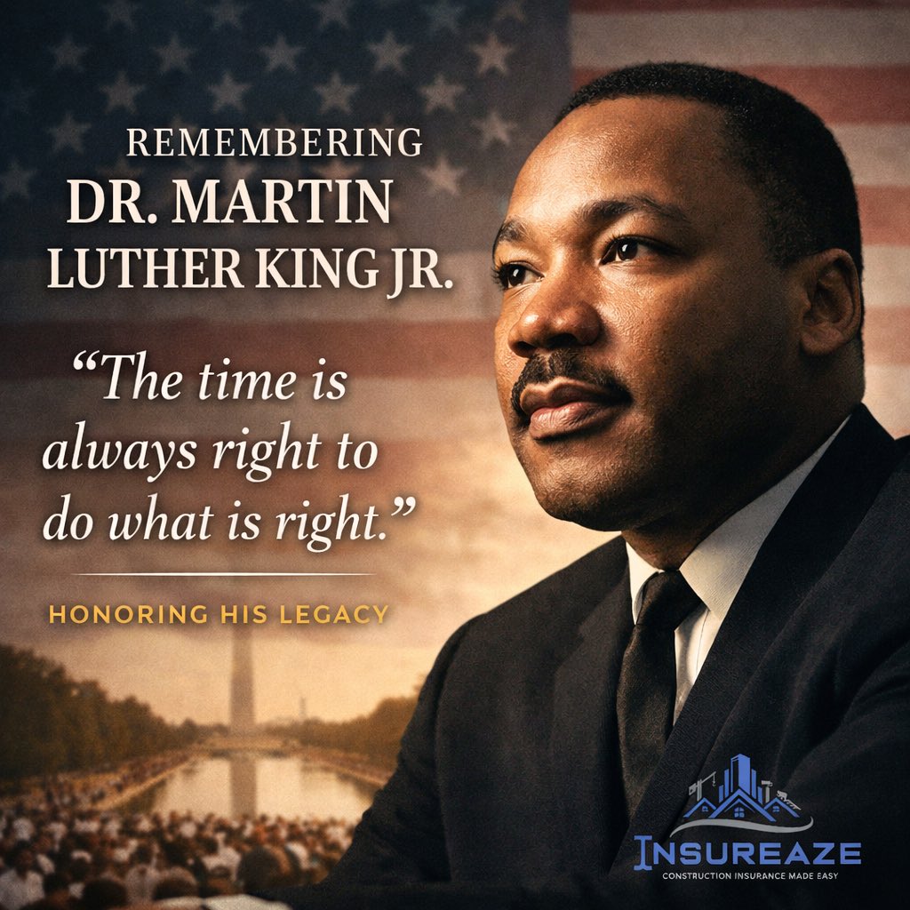 insureaze's tweet photo. Protecting the people who build our communities while honoring the legacy of Dr. Martin Luther King Jr. Progress is built on opportunity, equality, and looking out for one another. 🏗️ #MLKDay #BuildingProgress #ConstructionInsurance https://t.co/qScrtADkfR
