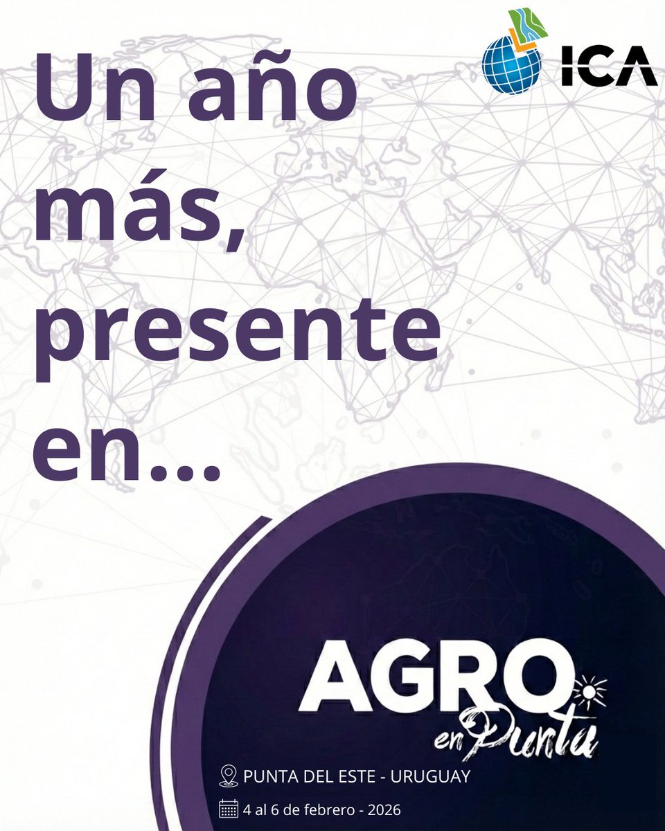 ICA vuelve a estar presente en Agro en Punta 2026, el evento internacional clave para la agroexportación, los agronegocios y la innovación en Uruguay y la región.
🤝 Un espacio para conectar con líderes del sector y pensar el futuro del agro.
👉 Más info: agroenpunta.com