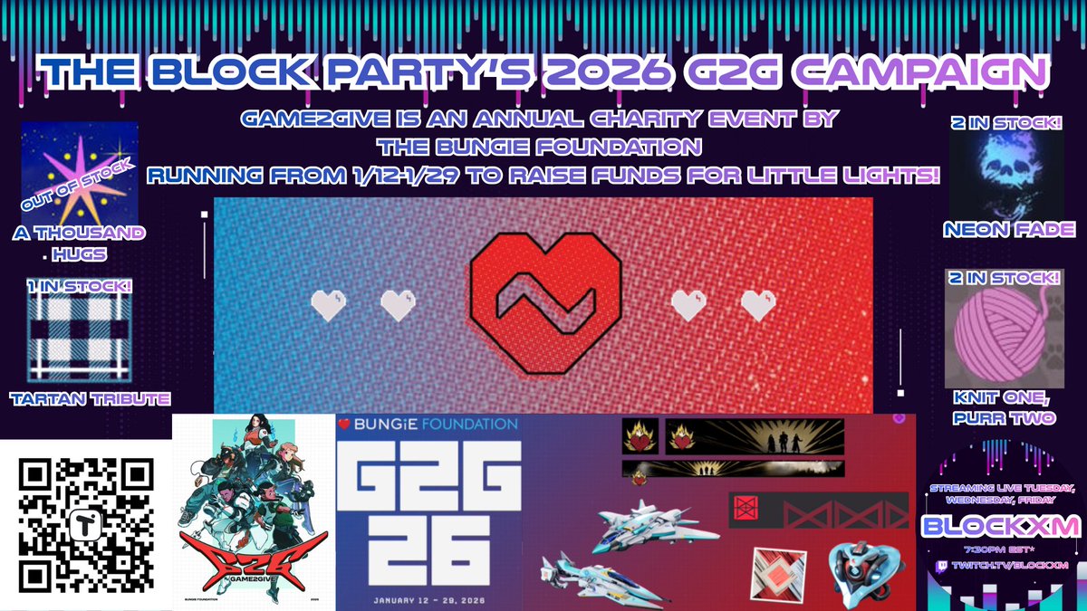 TheBlockXM's tweet photo. We have raised $430 so far for G2G 2026! We still have 2 "Neon Fade" emblems, 1 "Tartan Tribute", and 2 "Knit One, Purr Two" emblems looking for a forever home! https://t.co/8qNbyOoiRq
See you all tomorrow night on stream, 7:30pm EST! https://t.co/Xe28L4BqEN https://t.co/txs1hdqTjO